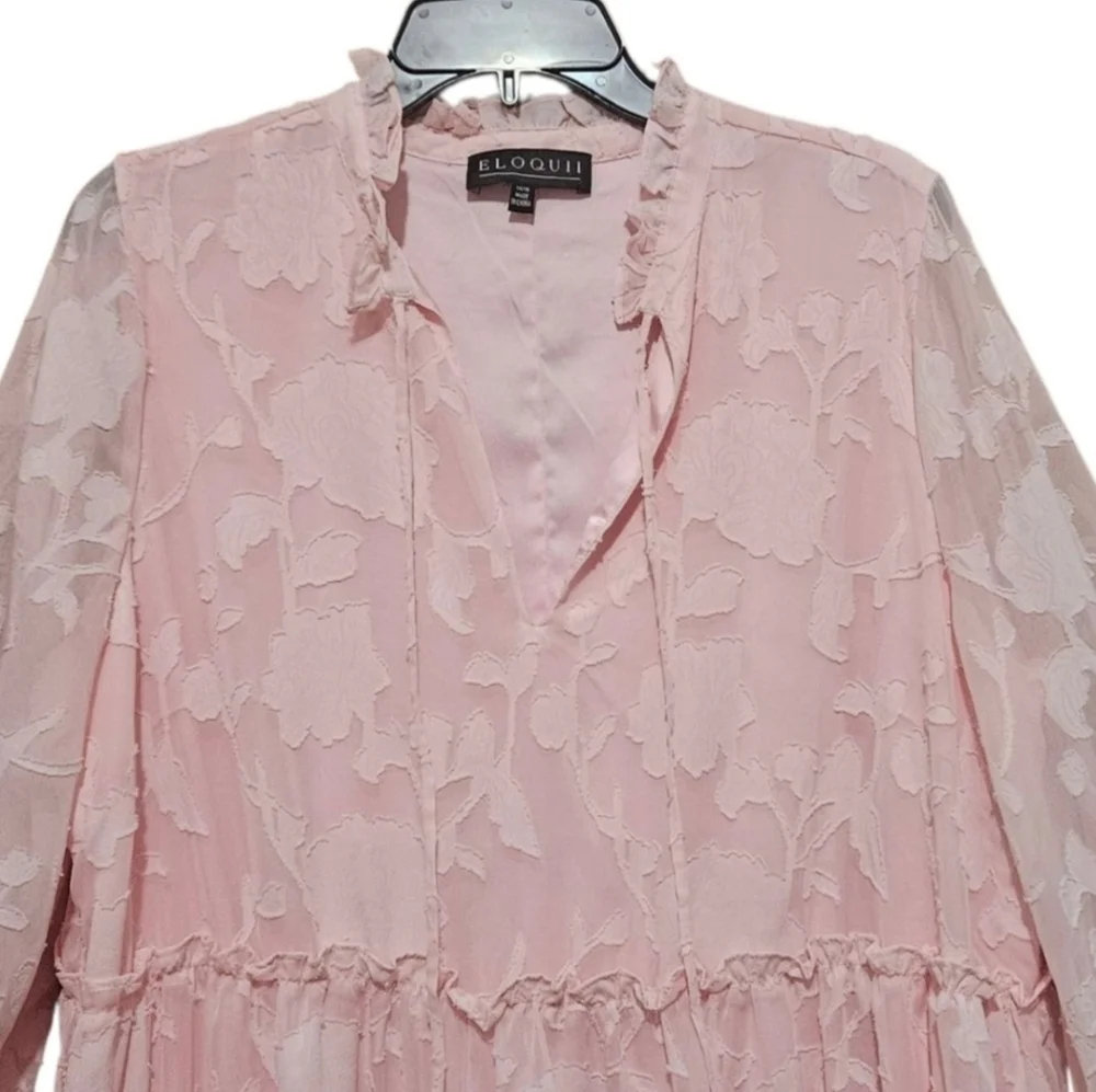 Eloquii Mini Pink Chiffon Tiered Ruffle Dress with Bow Neck Long Sleeve Boho